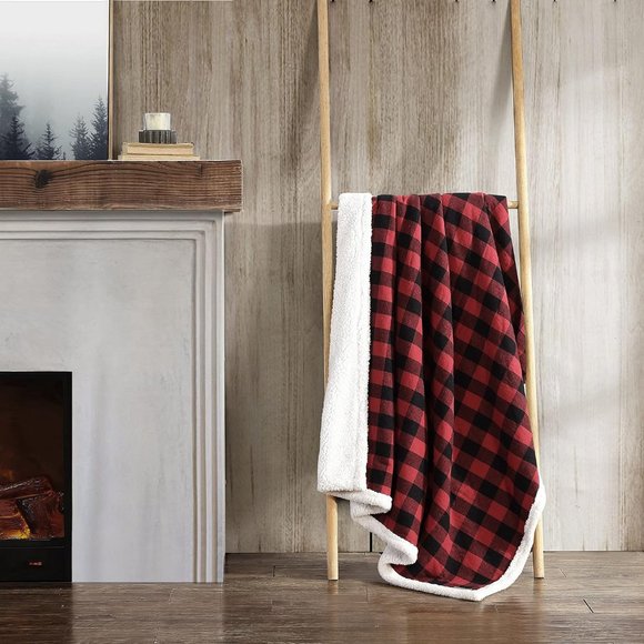 Red Check Reversible Sherpa Fleece Bedding Buffalo Plaid Home Decor All Seasons - Picture 5 of 13